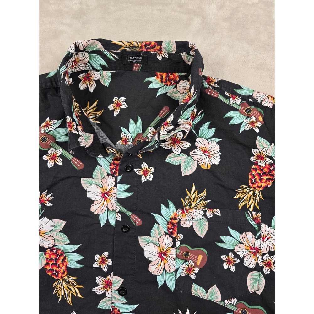 COOFANDY Hawaiian Shirt Mens XXL Black Tropical Pineapple Ukulele Floral Print
